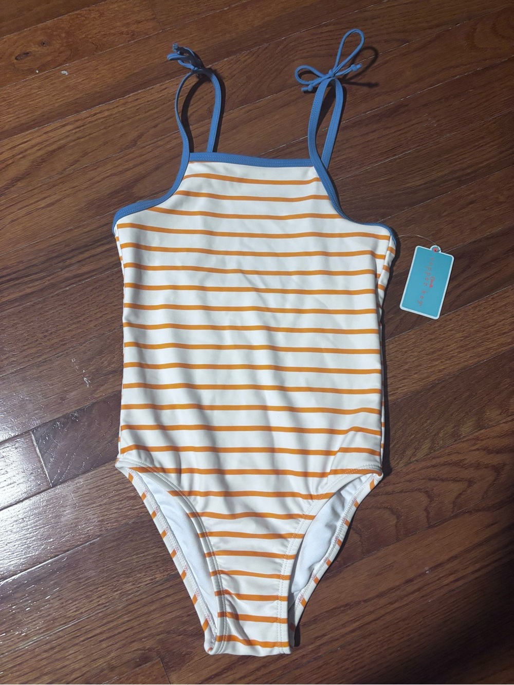 Copper Key Orange & White Striped One-Piece Swimsuit with Blue Trim